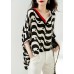 Plus Size Black V Neck Striped Low High Design Chiffon Tops Half Sleeve