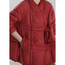 Handmade Red V Neck tie waist Duck Down Down Coat Winter