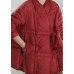 Handmade Red V Neck tie waist Duck Down Down Coat Winter