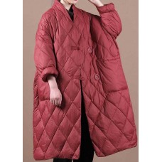 Boho Red V Neck Button Fine Cotton Filled Winter parka