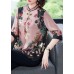 Stylish Pink Stand Collar Print Side Open Silk Shirt Tops Half Sleeve