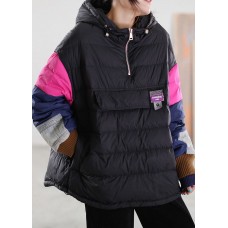 Fitted Black Hooded Patchwork Duck Down Winter down coat