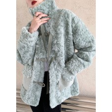 DIY Light Green Pockets Faux Fur Winter outwear